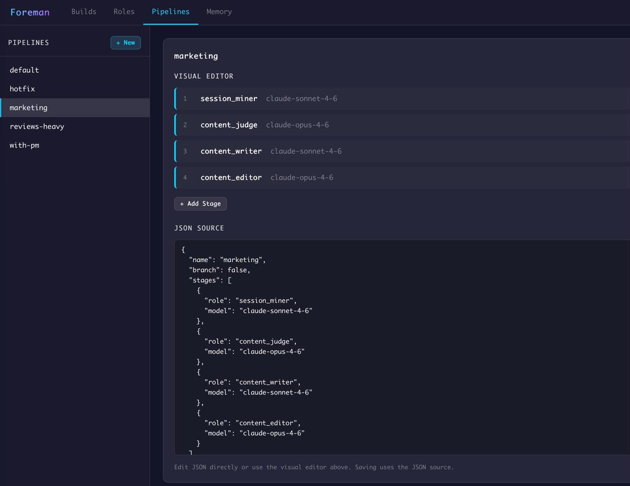 Foreman pipeline editor showing the marketing pipeline with four stages: session_miner, content_judge, content_writer, content_editor